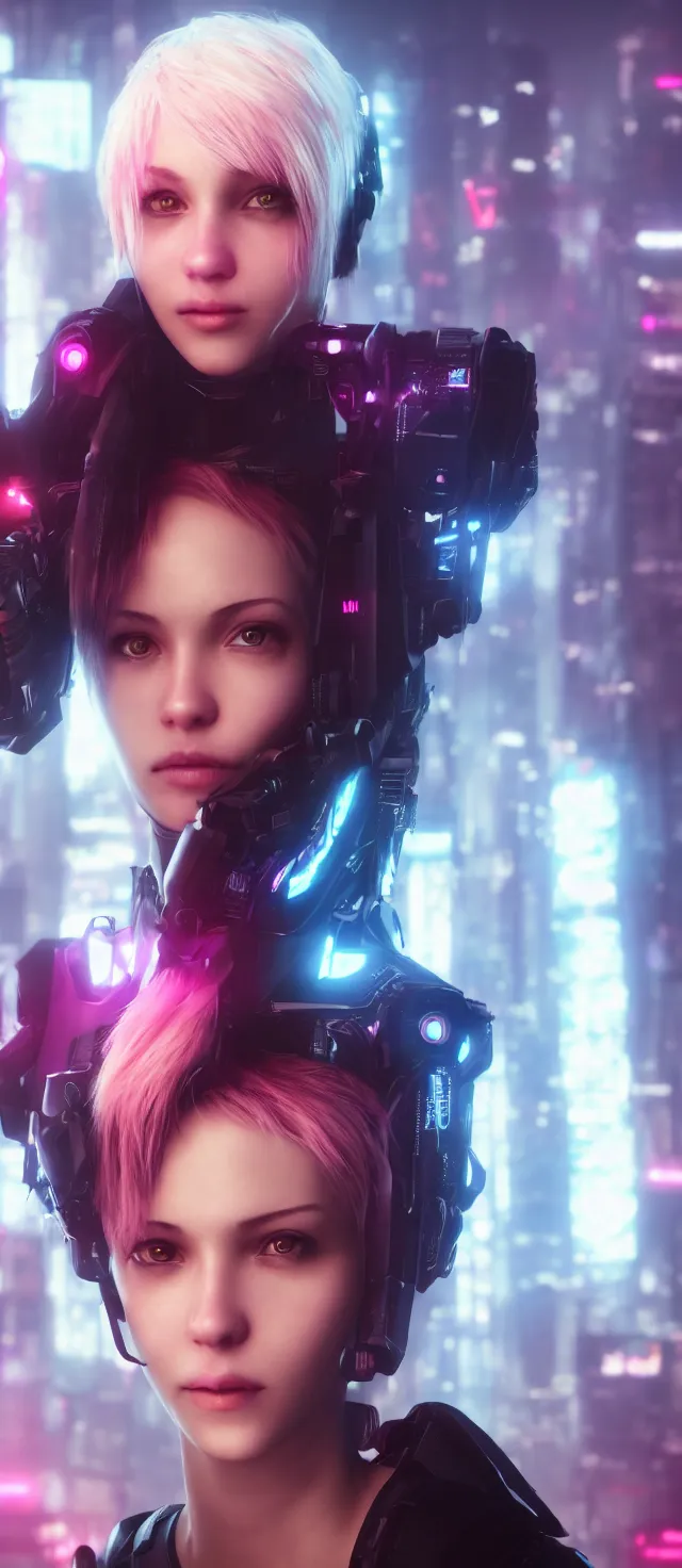 Prompt: portrait of a beatiful girl with short pink hair and glowing eyes, cyberpunk, cinematic, unreal engine, 4k, realistic, wallpaper