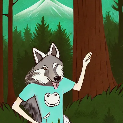 Image similar to Beautiful portrait drawing of an anthro anthropomorphic mint-wolf, wearing a cute pastel t-shirt, in Summer, at a forest. digital art