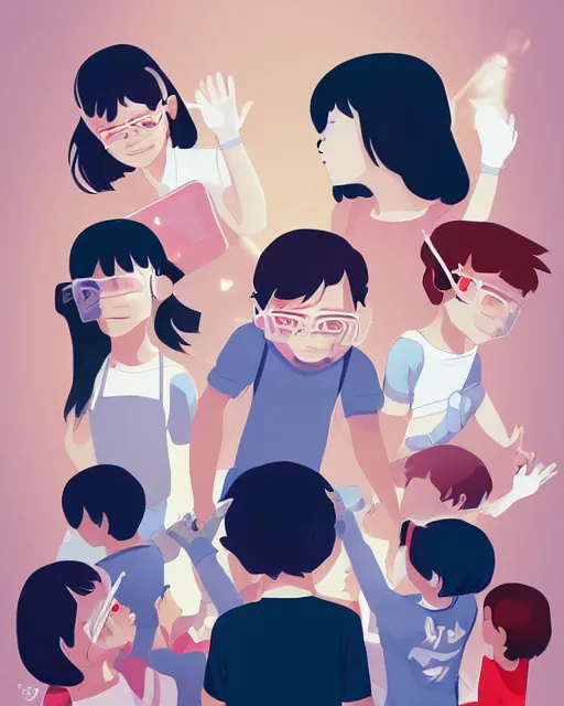 Image similar to children in science lab experiment test tube microscope. clean cel shaded vector art. minimalist illustration art by lois van baarle, artgerm, helen huang by makoto shinkai and ilya kuvshinov, rossdraws