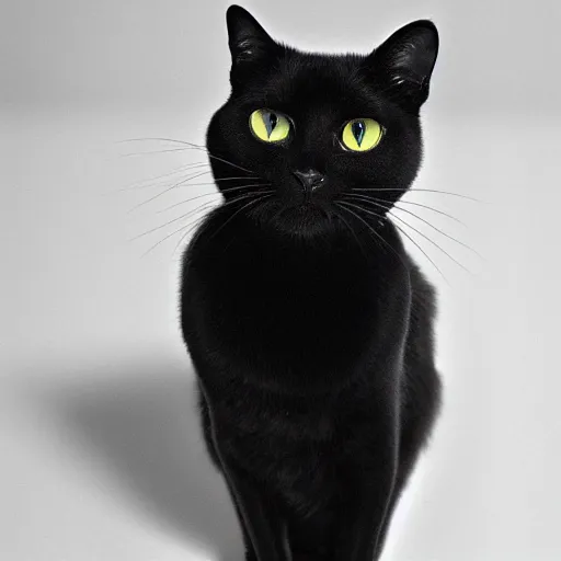 Prompt: national geographic photograph of a mischeivious black cat sitting in a white room
