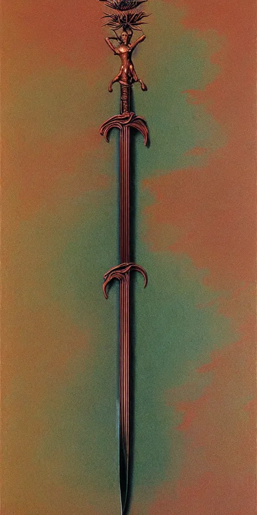Image similar to a sword made from flower petals in the style of zdzisław beksinski, elegant, copper and emerald, shining