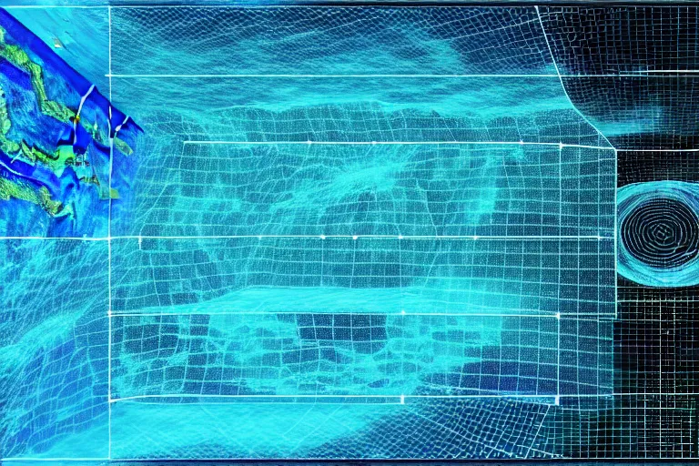 Prompt: an underwater cave made out of multiple overlays of complex scientific data visualized on top of each other, bar charts, plexus, thick and thin lines, waveforms on top of square charts, topographic scan, space molecules, radio signals, negative space