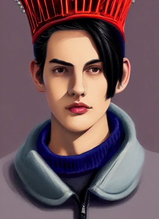 Image similar to portrait of teenage jughead jones wearing a light grey crown, crown, blue turtleneck, 1 9 5 0 s, closed eyes, photorealistic, black hair, glowing lighting, intricate, elegant, glowing lights, highly detailed, digital painting, artstation, concept art, smooth, sharp focus, illustration, art by wlop, mars ravelo and greg rutkowski