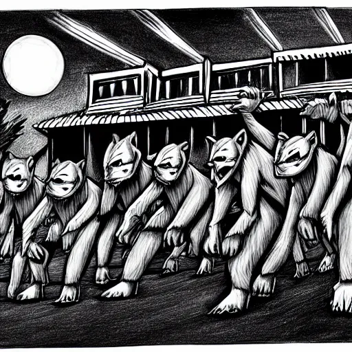 Prompt: a hyper realistic drawing of a pack of anthropomorphic werewolves roam the streets wearing sunglasses at night and breakdancing