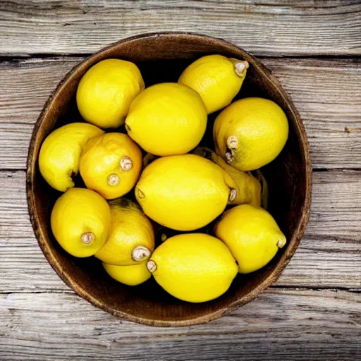 Image similar to a bowl of moldy lemons on a wooden table next to a couch, close up, dslr photo