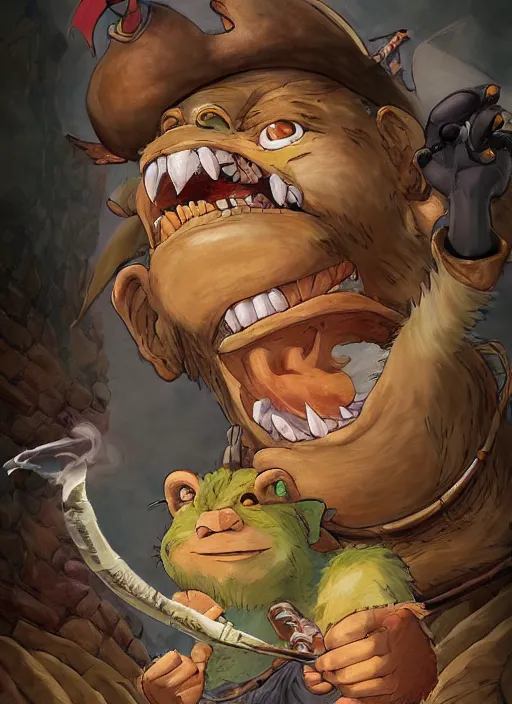 Image similar to studio ghibli pathfinder 2 e bestiary illustration of a goblin mixed with a monkey smoking a cigar, pirate themed, character portrait, unreal engine, hyper realism, realistic shading, cinematic composition, realistic render, octane render, detailed textures, photorealistic, wide shot