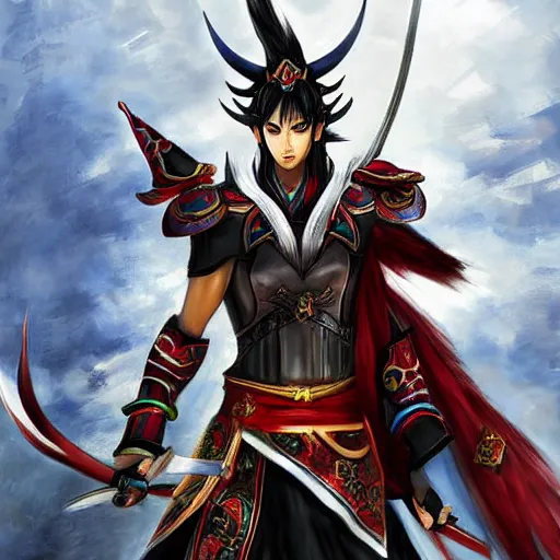 Image similar to lu bu from dynasty warriors, artstation hall of fame gallery, editors choice, #1 digital painting of all time, most beautiful image ever created, emotionally evocative, greatest art ever made, lifetime achievement magnum opus masterpiece, the most amazing breathtaking image with the deepest message ever painted, a thing of beauty beyond imagination or words