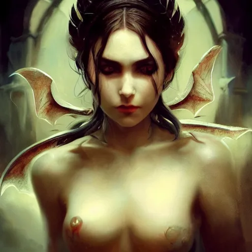 Image similar to a beautiful portrait of a succubus goddess with bats in the background and closed eyes by greg rutkowski and raymond swanland, trending on artstation, ultra realistic digital art