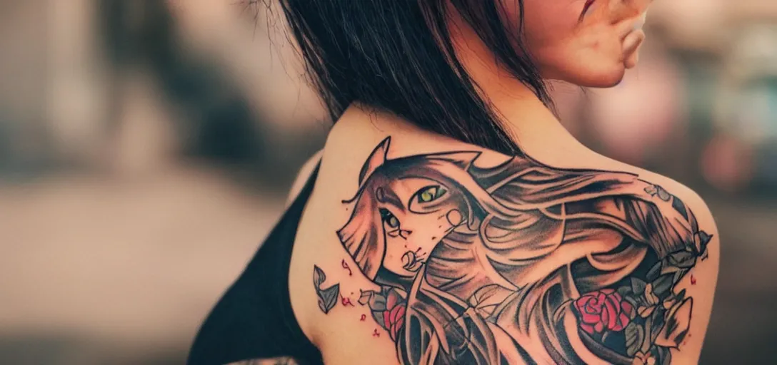 Prompt: a beautiful cat girl with tattoo photorealism bokeh