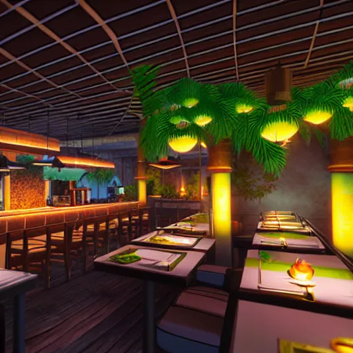 Image similar to a final fantasy styled restaurant, realistic, tropical, island, 8k, architecture ,Galdin Quay