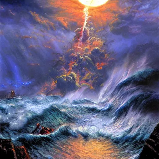 Prompt: fantasy art by kinkade : : he opened the sixth seal, and behold, there was a great earthquake. the sun became sackcloth. the moon became blood. and the seas boiled. and the skies fell. judgment day.