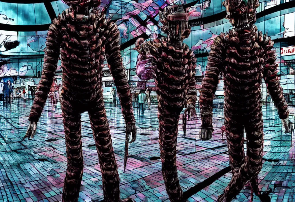 Image similar to hyperrealistic colorized cinestill of willem dafoe in the style of dead space, junji ito, gantz, roaming toronto yorkdale mall. deep aesthetics of weirdcore