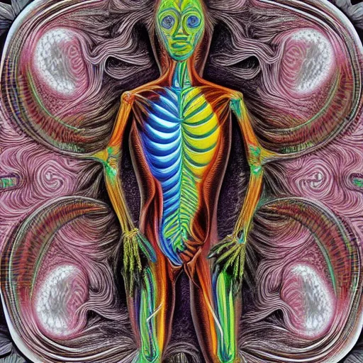 Image similar to human anatomical render in the style of alex grey, with an ornate fractal background