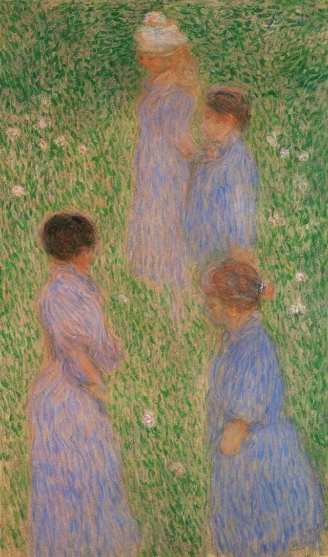 Image similar to 2 person looking at each other, 1 being the adult version and the other being the child, by monet