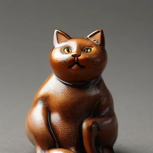 Image similar to elegant seductive anthropomorphic cat figurine wearing a kimono, cast brown resin, toggles, very highly detailed, intricate, monotone, shy looking down