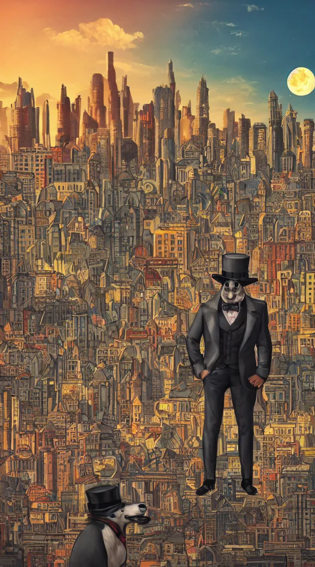 Prompt: giant doge looming over retro city, composition, artwork, money, fat robot, top hat, dusk, night, tall hat, sky, buildings, realistic