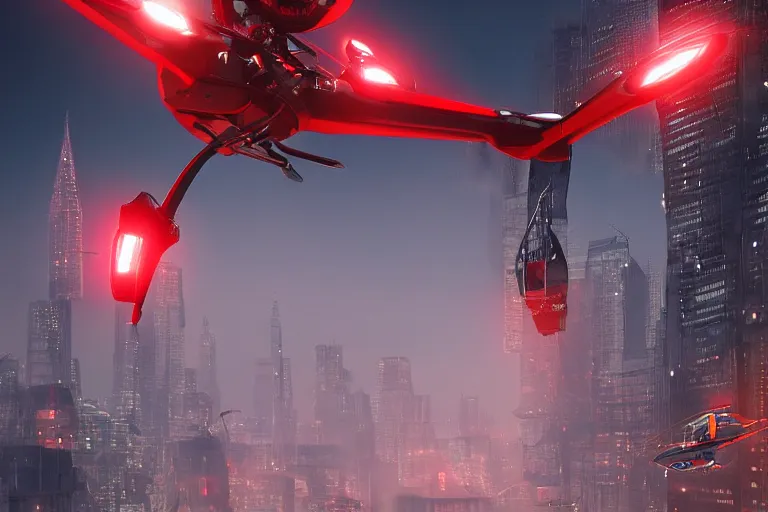 Image similar to futuristic flying helicopter robot with glowing red eyes, desolate metropolis, digital art, fantasy, trending on artstation, professional illustration, cgsociety, ultra detailed