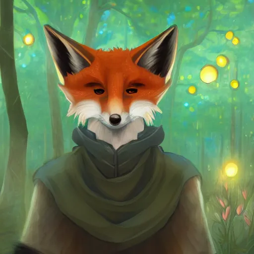 Image similar to portrait of a medieval anthropomorphic fox in a forest at night with fireflies, trending on artstation, furry art, by kawacy, night lighting, digital art, dreamy, bokeh