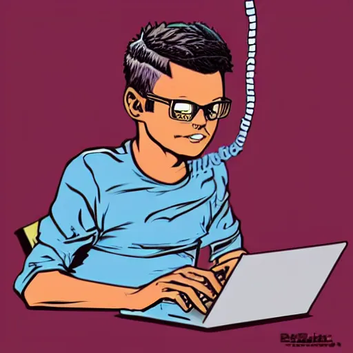 Prompt: illustration of a boy connected to his laptop with wires, highly detailed, by butcher billy