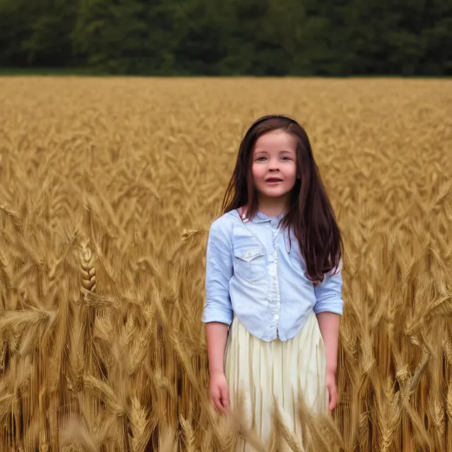 Image similar to A girl standing in a field, facing the wheat field, with the woods behind her