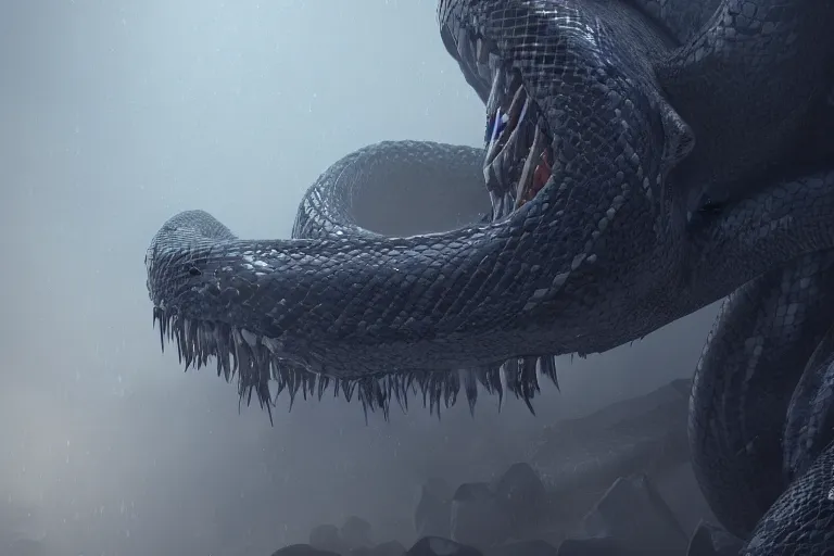 Image similar to amplified ritual engine, closeup portrait of a coiled colossal monster snake shrouded in fog, dramatic lighting, unreal engine, cgsociety, artstation, 4k