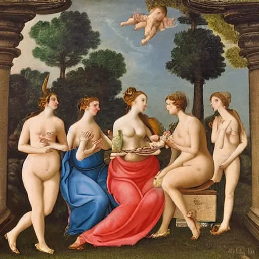 Prompt: The painting shows Venus seated on a crescent moon. She is surrounded by the goddesses Ceres and Bacchus, who are both holding cornucopias. by Maria Sibylla Merian lively