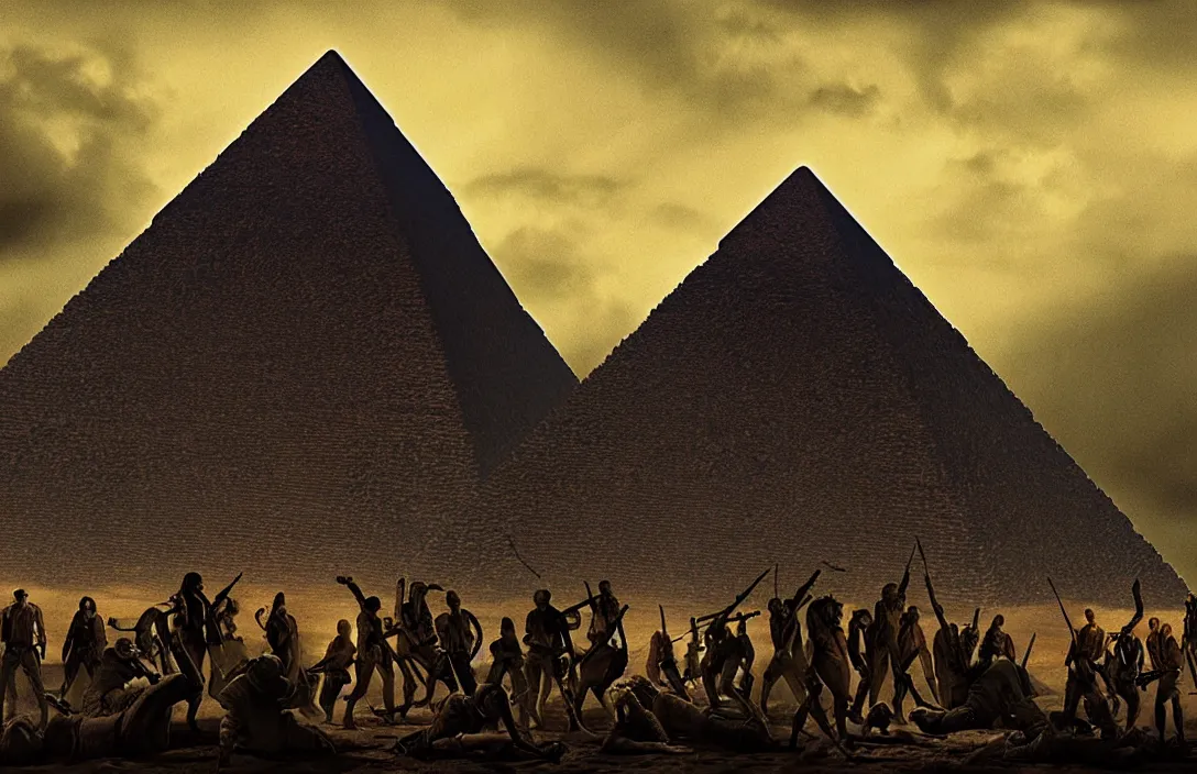 Prompt: the pyramid of figures is drawn together jan van der heyden result is a sophisticated interplay between warm, cool, light and dark colors. intact flawless ambrotype from 4 k criterion collection remastered cinematography gory horror film, ominous lighting, evil theme wow photo realistic postprocessing horrors of war futuristic painting by claude gellee