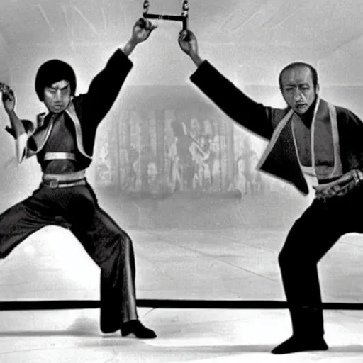 Prompt: 1 9 7 0's kung fu movie, a futuristic cyborg priest fighting a vicious gang of demons using laser nunchucks