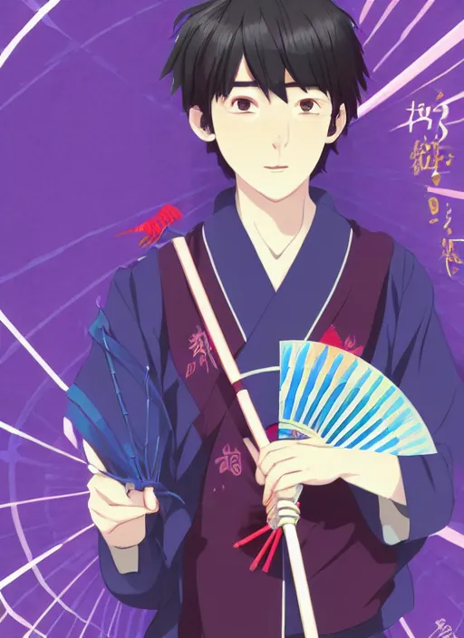 Image similar to teenager boy with straight indigo hair, purple eyes with red eye markers, slim body, wearing a detailed Japanese kimono, holding a japanese fan. rich vivid colors, ambient lighting, dynamic lighting, 4k, official media, anime key visual, makoto shinkai, ilya kuvshinov, lois van baarle, rossdraws, detailed, trending on artstation