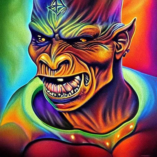 Image similar to psychedelic airbrush art of an orc driving a motorcycle