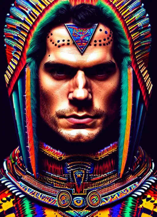 Image similar to portrait of henry cavill, hyper detailed ultra sharp aztec shaman warrior. trending on artstation, warpaint aesthetic, bloodwave, colorful, psychedelic, ornate, intricate, digital painting, concept art, smooth, sharp focus, illustration, art by artgerm and greg rutkowski and h. r. giger, 8 k