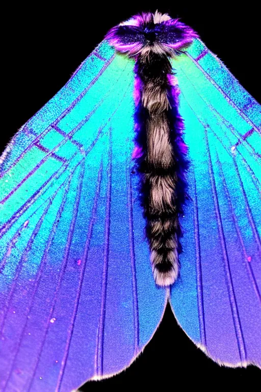 Image similar to high quality macro photo gothic furry iridescent moth! jewelled gorgeous! highly detailed david ligare elson peter cinematic blue neon lighting high quality low angle hd 8k sharp shallow depth of field