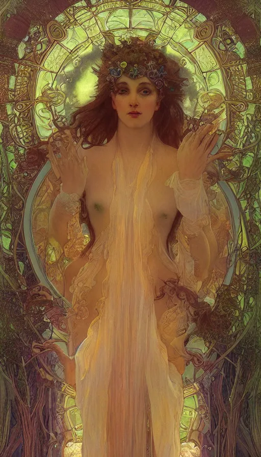 Prompt: goddess of illusion, beautiful, stunning, breathtaking, mirrors, glass, magic circle, magic doorway, fantasy, mist, bioluminescence, hyper - realistic, unreal engine, by alfons maria mucha