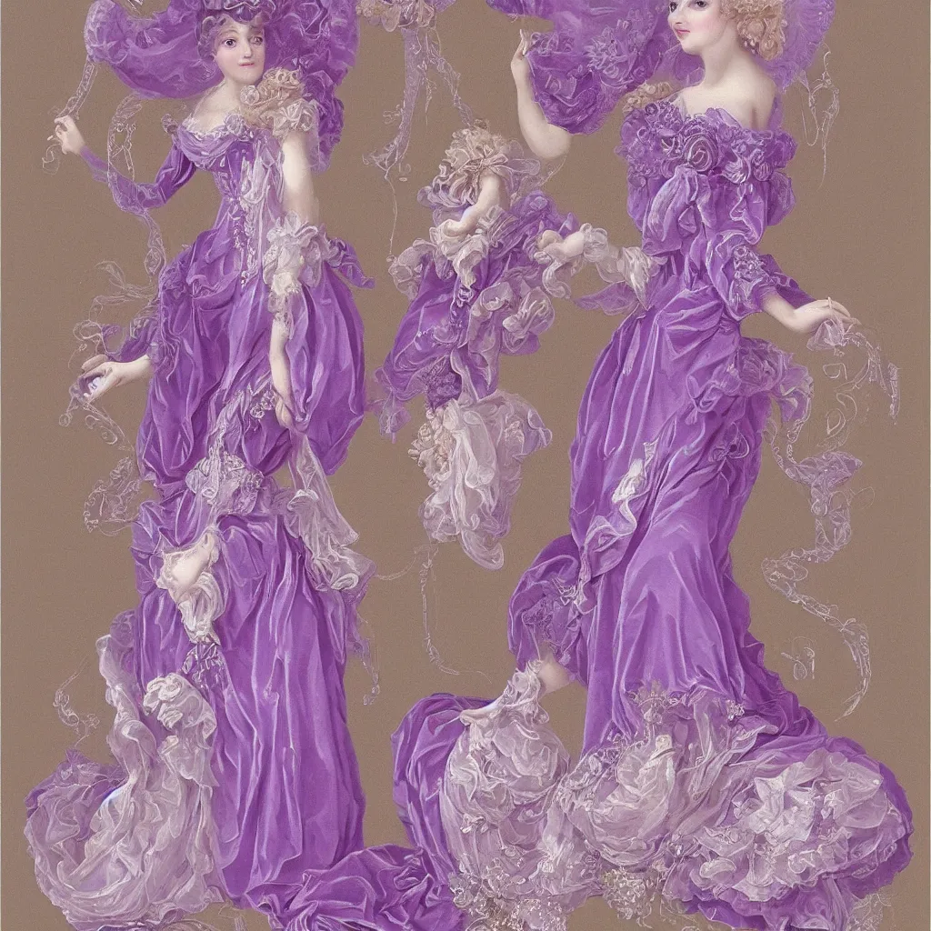 Prompt: purple dress design in the style of rococo,Victorian era,As elegant as a jellyfish,Jewelry twining,dreamy, soft,Backlight ,luminescence,highly detailed,8k