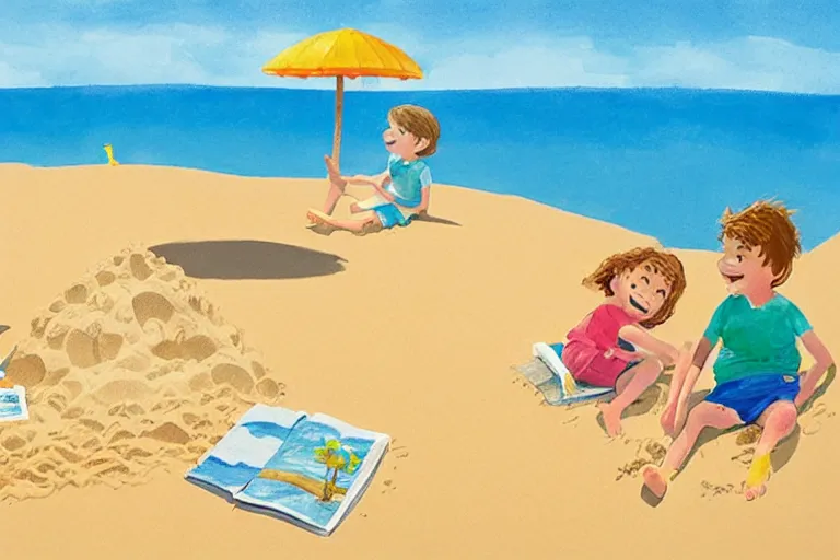 Image similar to Two happy children sitting on the beach making sandcastles, blue sky, HD, outlines, illustration by Benji Davies