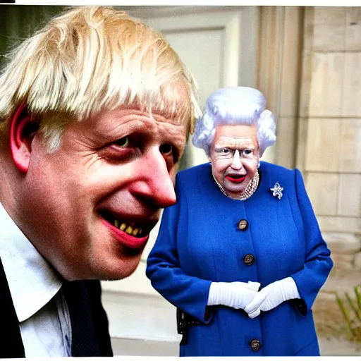 Image similar to boris johnson in clown makeup talking to Queen Elizabeth II, hyperrealistic, photorealistic, printed on the Guardian