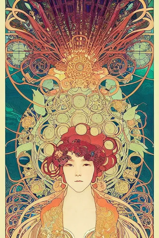 Image similar to phoenix, victo ngai style, alfons mucha ， from china, style of studio ghibli, chinese style