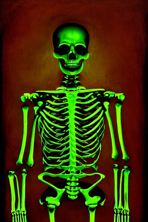 Image similar to portrait of a cybernetic skeleton holding one hand aloft, glowing green candles, oil painting, high detail, dark lighting, atmospheric, extremely detailed, intricate, da vinci, michelangelo, caravaggio, hans holbein, raphael, donatello, 8 k