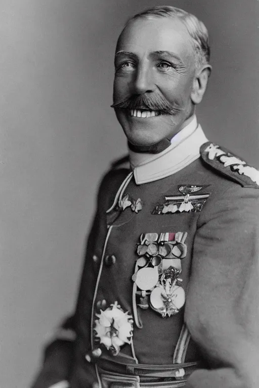 Image similar to official Portrait of a smiling WWI admiral, male, cheerful, happy, detailed face, 20th century, highly detailed, cinematic lighting, photograph, black and white