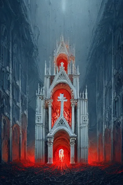 Image similar to a beautiful and terrifying painting with high details of a church made of white bones and skeletons, with white bones in the foreground, red energetic flame burningmovie atmosphere, movie lights, 8 k, light effect, rtx on, trending on artstation, by kilian eng, lee madgwick, bastien lecouffe - deharme