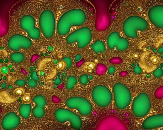 Image similar to random abstract fractal shapes ornately decorated with gold and gems, green background, studio photography, rubies, emeralds, gold, jewels,