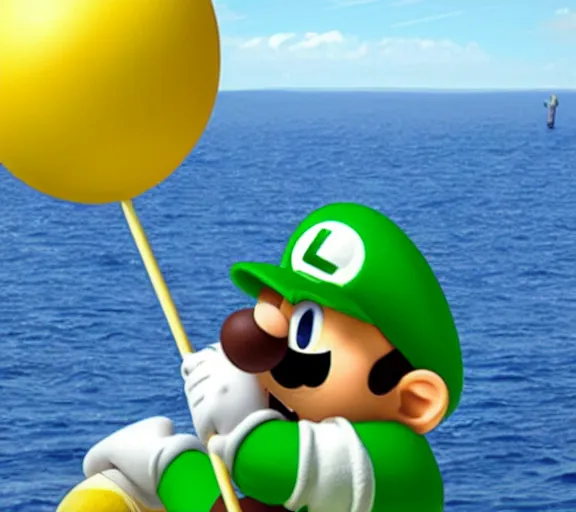 Prompt: luigi floating on an egg over the sea