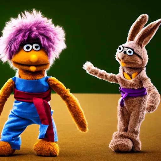 Image similar to a little brown karate loving ninja bunny that is a muppet wearing cool ninja clothes and practicing her karate out in nature, photorealistic, photography, ambient occlusion, rtx, national geographic, sesame street