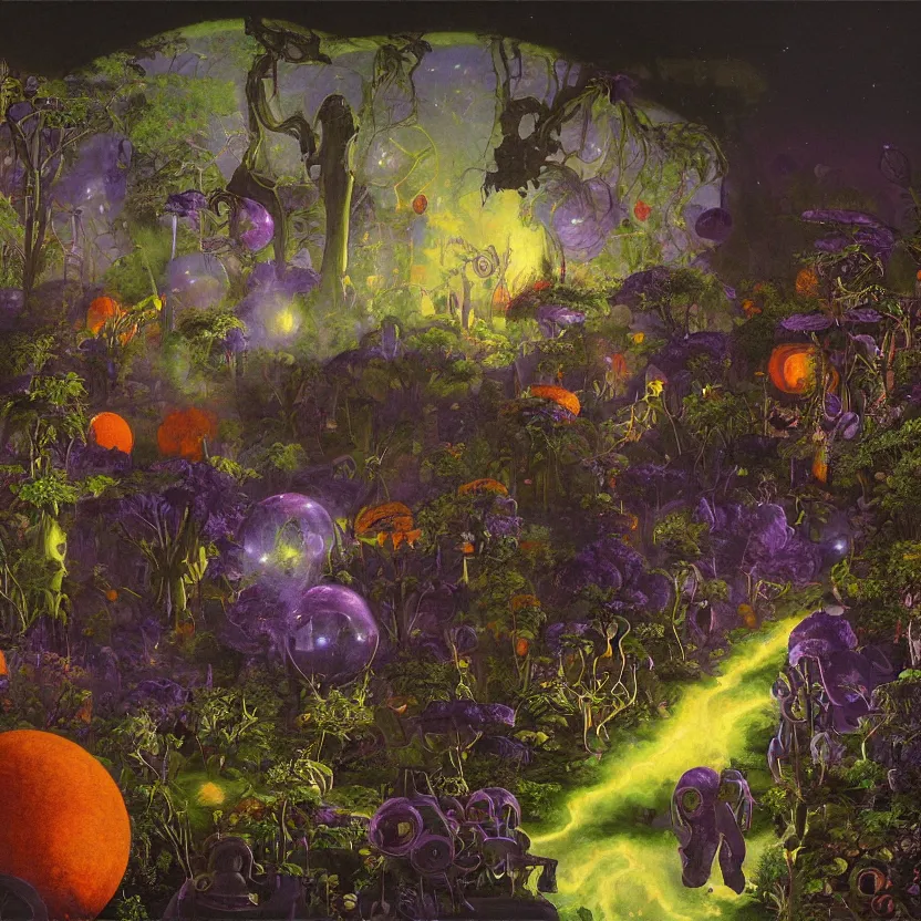Prompt: a neoclassicist sci - fi painting of a purple and orange alien garden with plants, flowers, mushrooms at night with glowing bubbles. iridescent textures. glowing fog. highly detailed fantasy science fiction painting by moebius, norman rockwell, frank frazetta, and syd mead. rich colors, high contrast, gloomy atmosphere, dark background. artstation