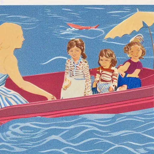 Image similar to The installation art depicts a group of well-dressed women and children enjoying a leisurely boat ride on a calm day. The women are chatting and laughing while the children play with a toy boat in the foreground. children's illustration, 1970s grainy vintage illustration by Tony Oursler, by Georges de La Tour magnificent