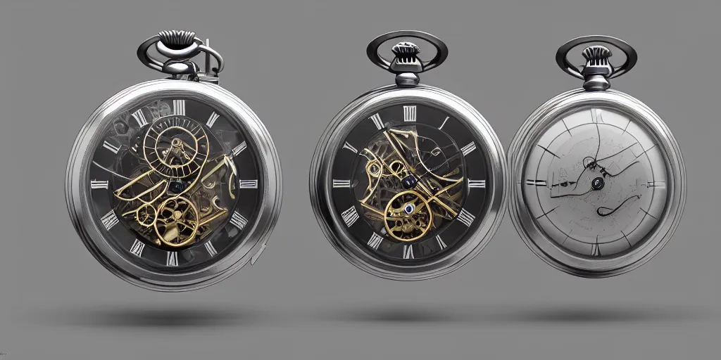 Image similar to exploded view of a pocket watch, highly detailed illustration, photorealistic diagram, 8 k resolution, octane render,