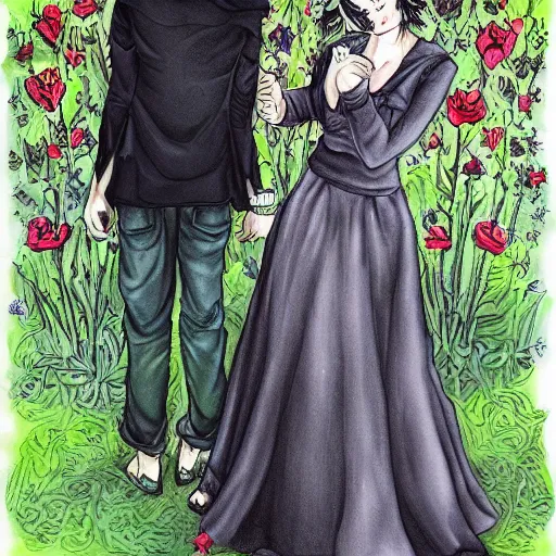 Image similar to stoic heroic emotionless blond butch tomboy woman holding hands with taller goth black - haired dark fae jennifer connelly, in love, romantic in romantic garden, mike mignogna, illustration, pen and ink, oil painting