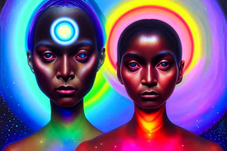 Image similar to patron saint of 🛸🌈👩🏾, futuristic iridescent clothing, wormhole, nebula, black hole, multiverse, neon god of city character portrait, in the style of margaret keane, moebius, tom bagshaw, and waterhouse, cinematic lighting, beautiful, elegant, oil painting,