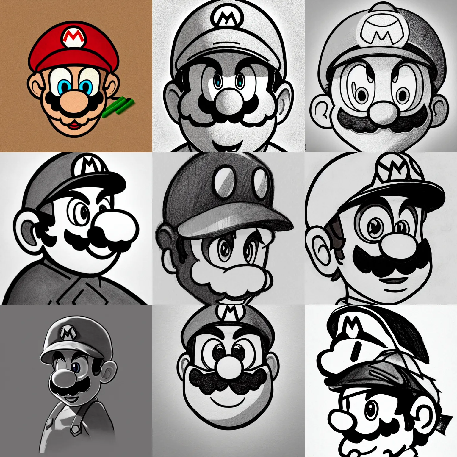 Prompt: pencil sketch of super mario facing camera, neutral focused gaze, striking anime artstyle with sharp shadows, concept art, trending