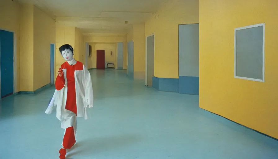 Prompt: 60s movie still of a white japanese female phantom bloody in an empty soviet stalinist style hospital with yellow tiles floor with light blue beds, cinestill 800t 35mm technicolor, heavy grain, high quality, higly detailed, liminal space